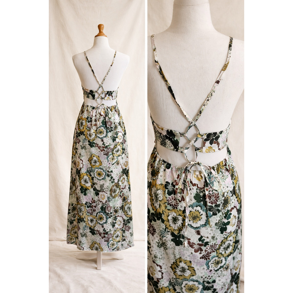 Commense Size S Floral Open Back Tie Maxi Dress Cottagecore Romantic Coquette - Picture 2 of 10